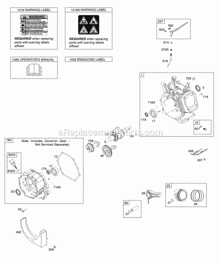 Camshaft Crankcase Cover Crankshaft Cylinder Exhaust Bracket OperatorS Manual PistonRingsConnecting Rod Warning Label Diagram and Parts List for 25P132-0002-G1  Briggs and Stratton Engine